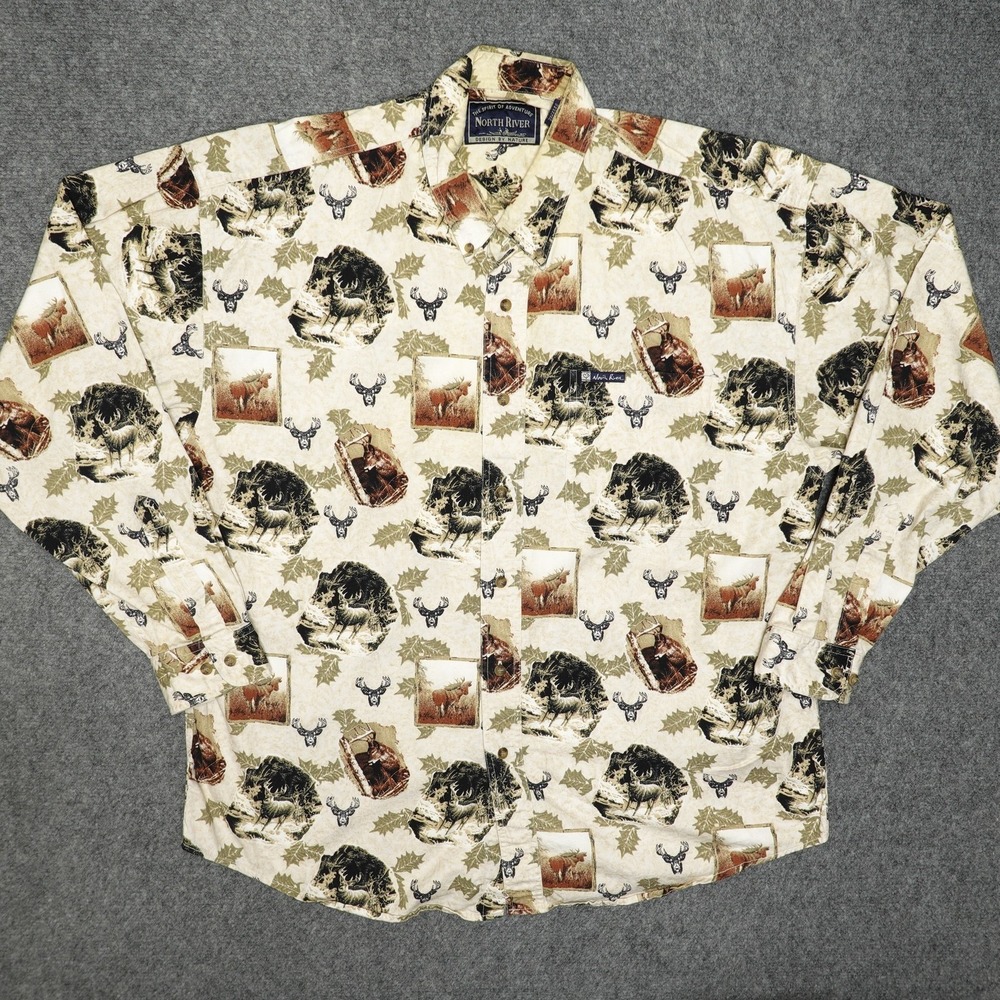 North River Shirt Mens XL Beige Nature Print Outdoors Wildlife Moose Deer Leaves